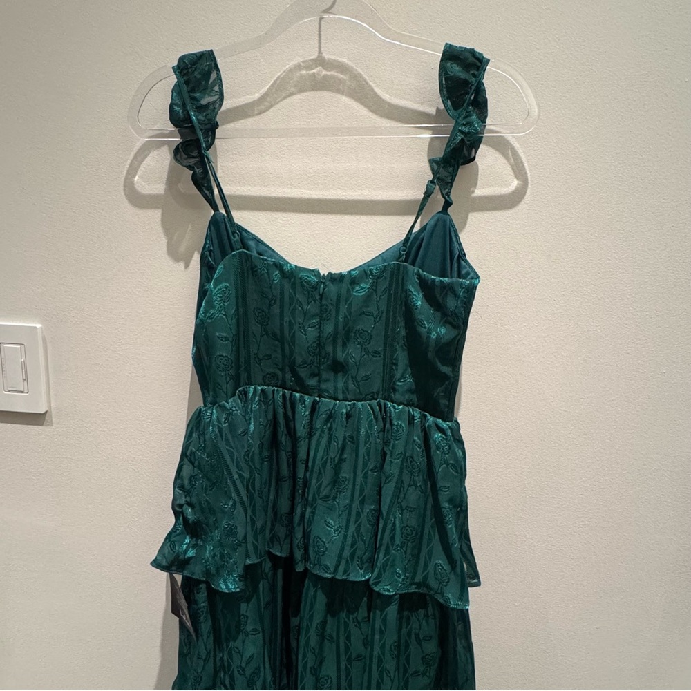 NWT Lulus- Stunning Glory Hunter Green Floral Jacquard Tiered Maxi Dress Small - Picture 6 of 13